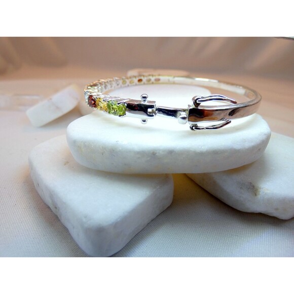 Sterling Silver Multi Gemstone Bangle Bracelet Safety Lock Excellent - Picture 5 of 7